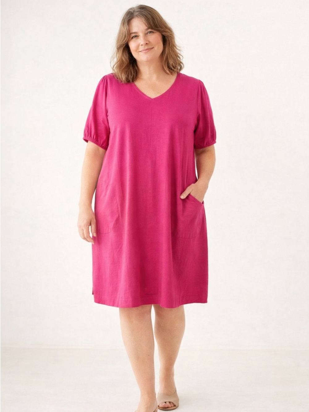 NWT J. Jill dahlia pink modal cotton v neck puff sleeve shift dress size 2X